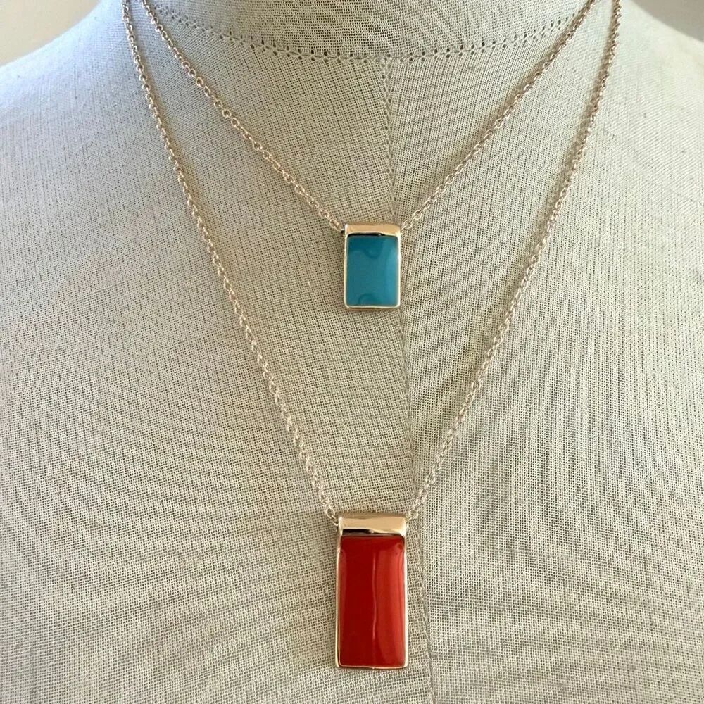 Premier Designs Double Pendant Necklace Set – Red & Turquoise blue